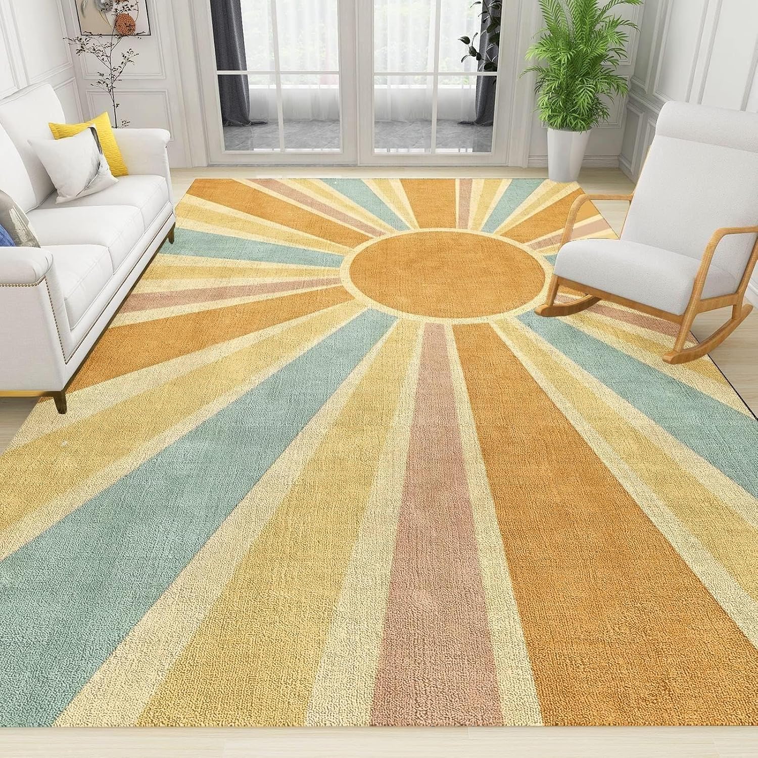 6x8 Rug Bohemian Colored Sun Rays Soft Washable Rug, Colorful Rainbow Sun Anti-Slip Backing Decorative Rugs for Living Room Bedroom Kitchen Dining Room Home Rug Laundry Room Rug