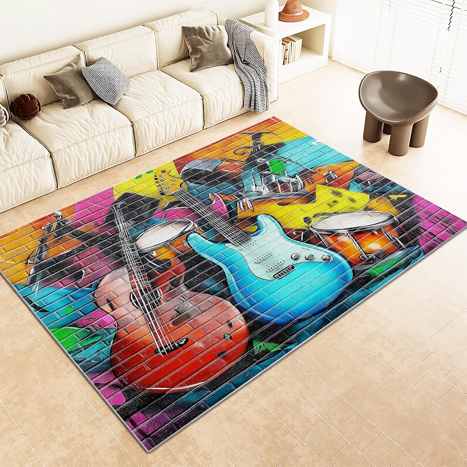 Area Rugs for Living Room 6x9 ft Colorful Graffiti Guitar Washable Non-Slip Rug, Modern Low Pile Soft Indoor Print Carpet for Bedroom Dining Room Farmhouse Home Office