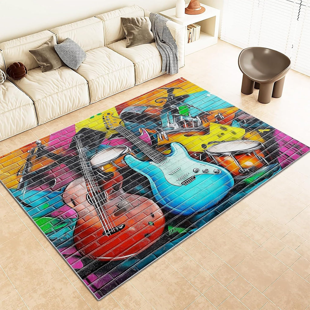 Washable Area Rugs 6x8 ft Colorful Graffiti Guitar Living Room Rug Non-Slip Indoor Floor Carpet for Bedroom Nursery Kids Playroom Office Dining Room Home Decor