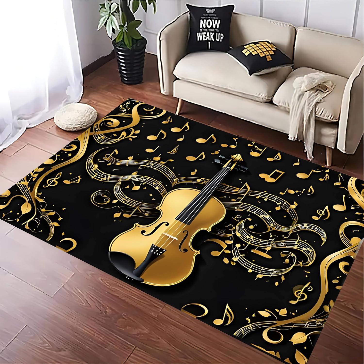Musical Notes Area Rug, 6x8ft Gold Musical Notes Sheet Music Living Room Decorative Rug, Soft Violin Pattern Non-Slip Rubber Backing Low Pile Durable Rug，Washable No Shedding Office Rug