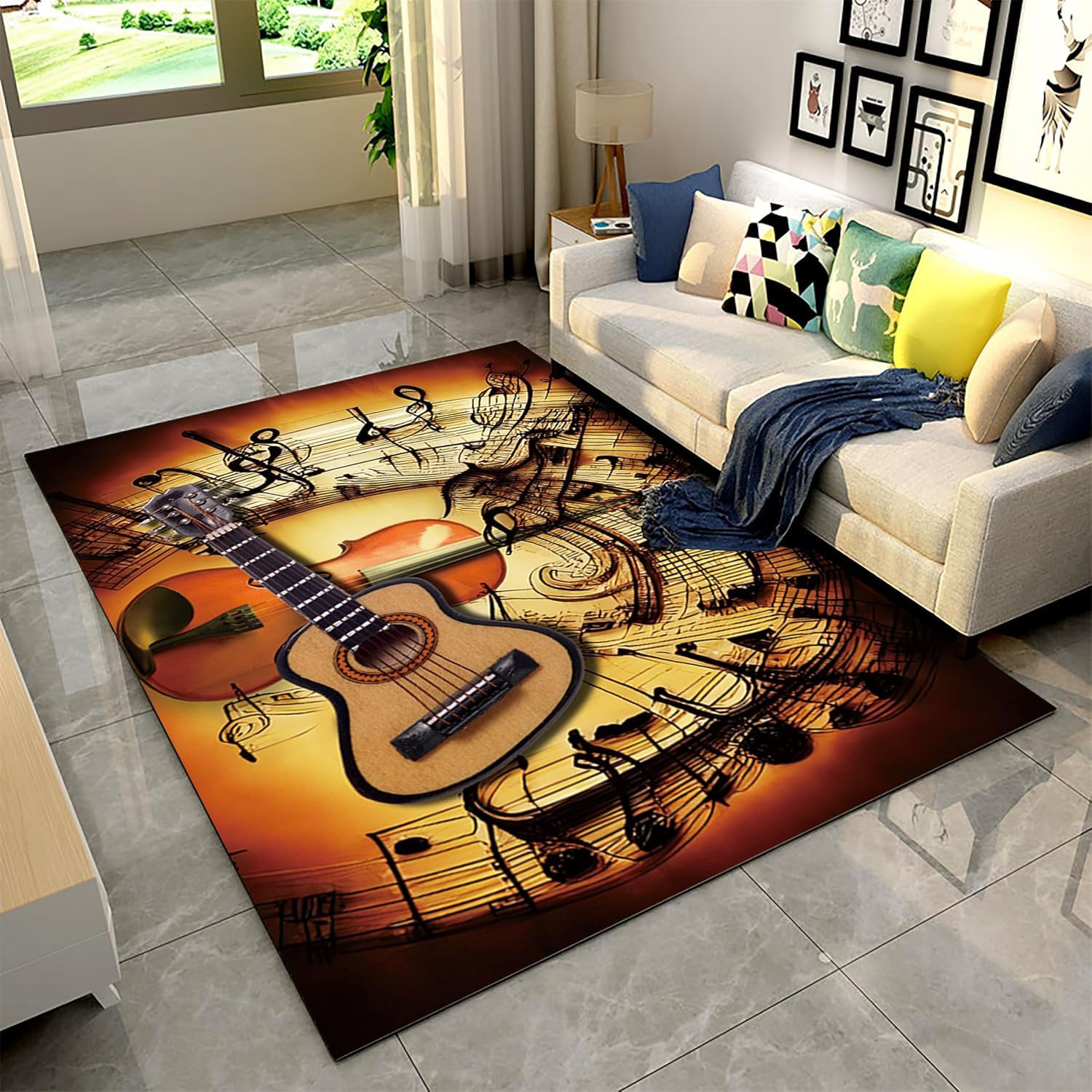 Music Notes Art Rug 6x8ft - Creative Guitar & Note Pattern Washable Carpet, Wear-Resistant Rug for Living Room/Studio - Musical Atmosphere Home Decor