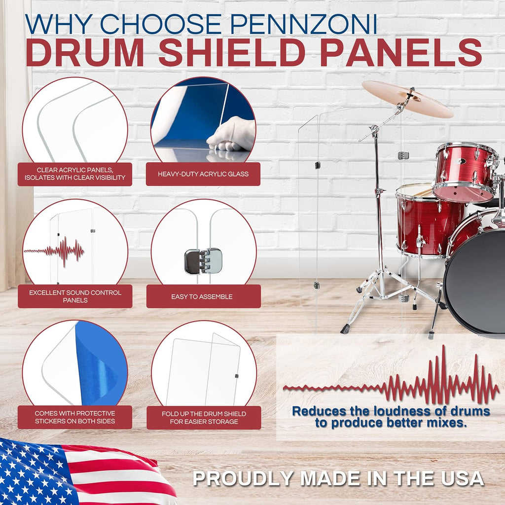 PENNZONI Drum Shield 4ft w/Chrome Hinges, Comes w/ 7 Drum Panels, & 12 Chrome Hinges, Premium Clear Acrylic Panels, Drum Screen
