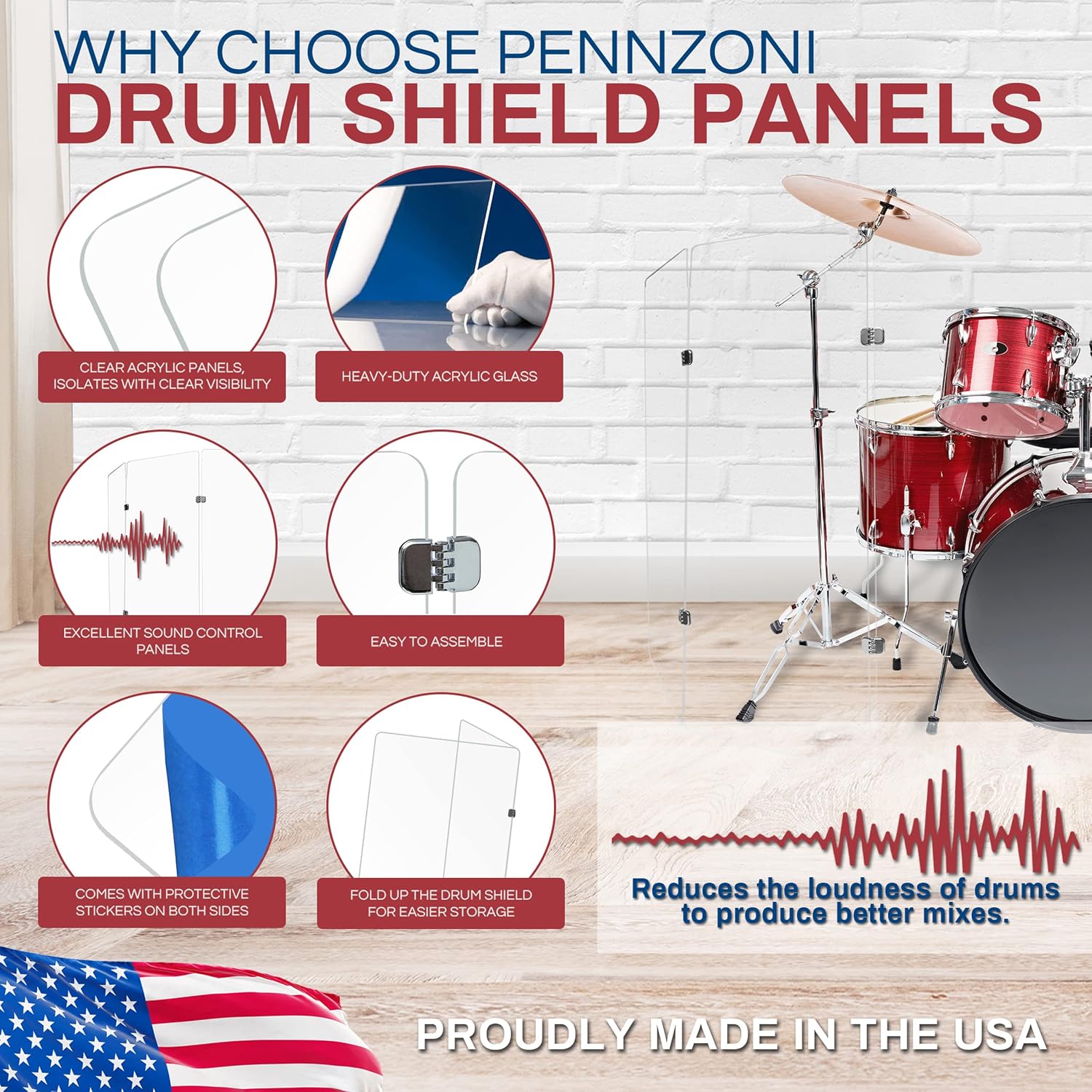 PENNZONI Drum Shield 4ft w/Chrome Hinges, Comes w/ 7 Drum Panels, & 12 Chrome Hinges, Premium Clear Acrylic Panels, Drum Screen
