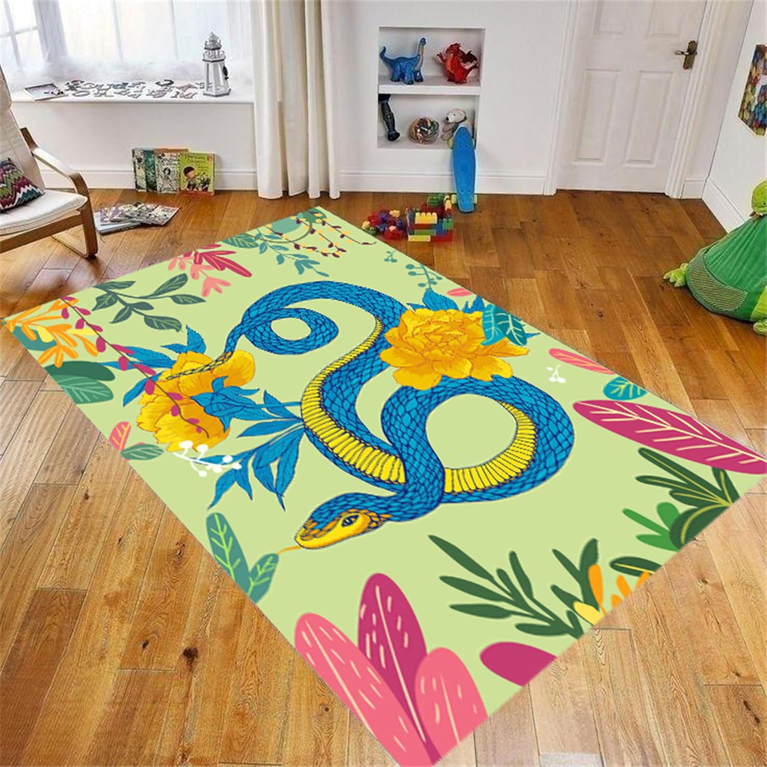 Floral Cobra Rug, 6x8ft, Green Floral Rectangular Print for Girls Room Decoration, Low Pile, Easy to Clean, Suitable for Living Room and Bedroom