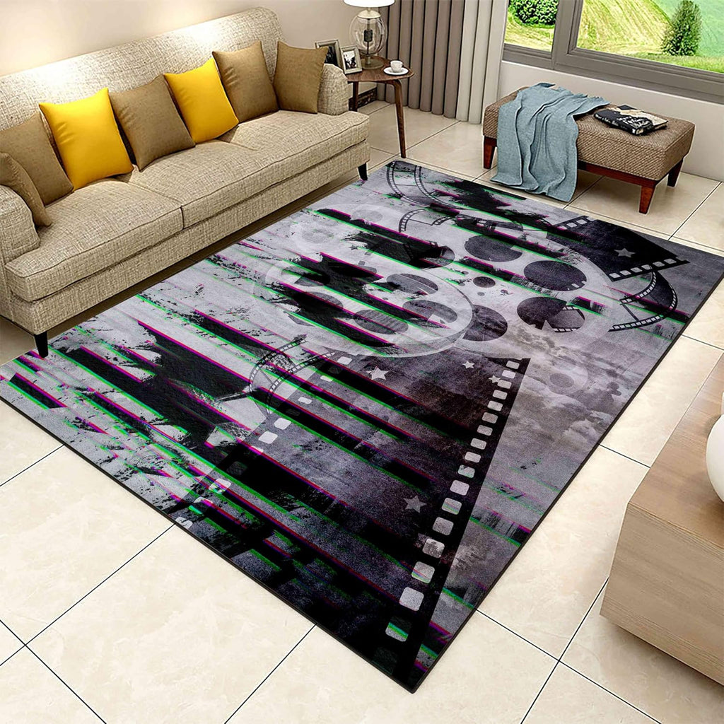 Nostalgic Retro Style Horror Movie Area Rug,6x8ft,3D Motion Picture Film Patterned Rugs, Indoor Non-Slip Washable Doormat for Vintage Home Theater Bedroom Kitchen Country Cottage Decor