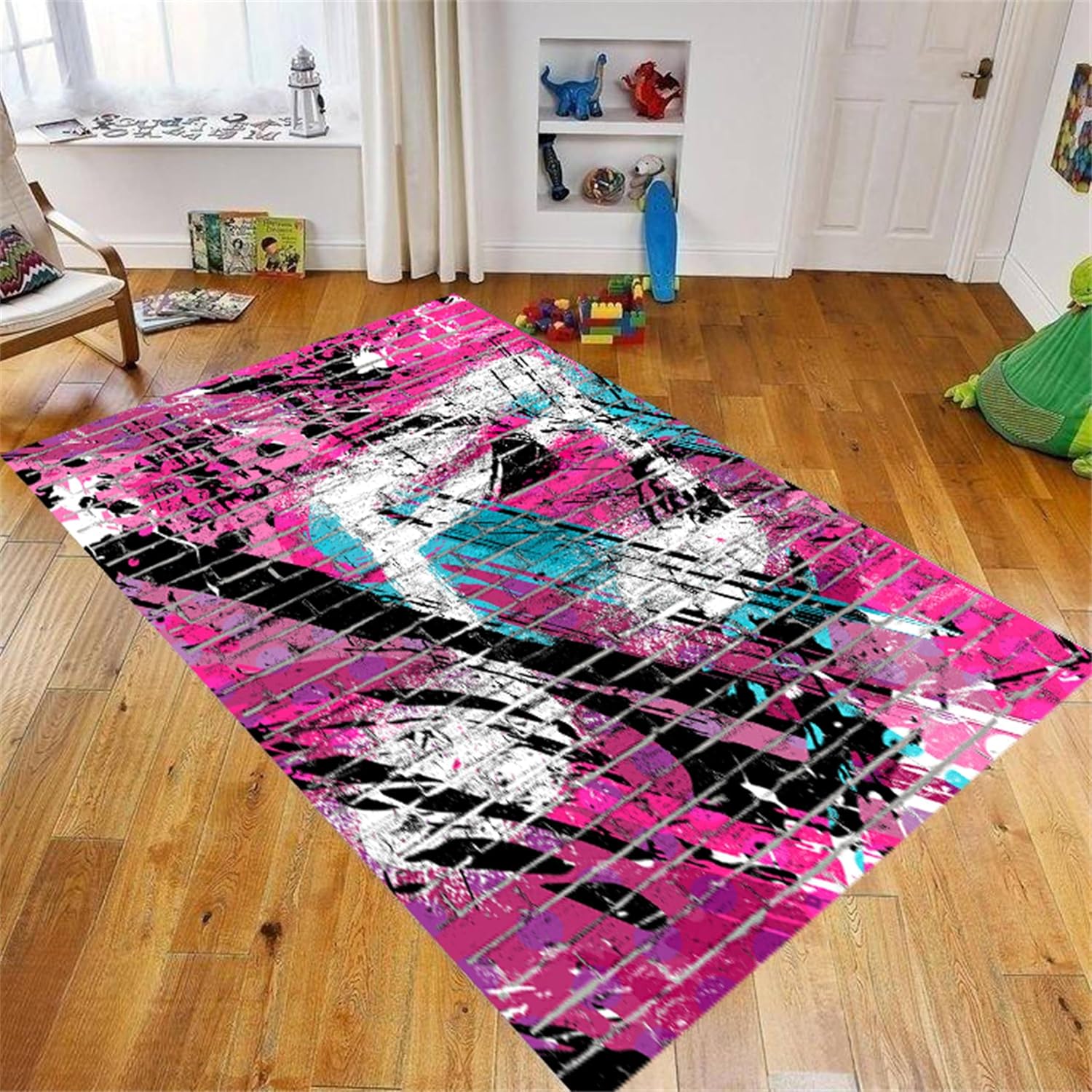 Music Rug，6x8ft,Music Themed Area Rug, Pink Modern Abstract Graffiti Art Anti-Slip Rug，Washable Indoor Carpet, Suitable for Living Room, Laundry Room, Dormitory, Bedside, Children's Room