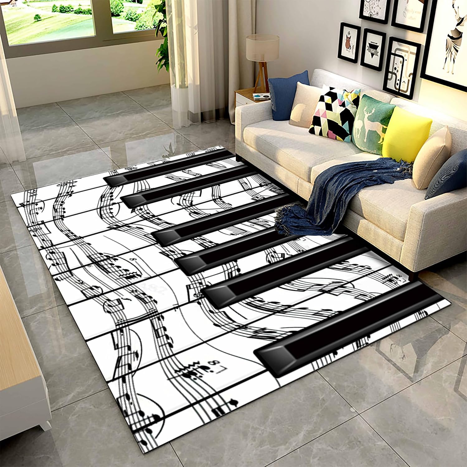 Black White Piano Key Area Rugs, 6x8ft, 3D Musical Note Melody Music Decor Mat for Studio, Foldable Machine Washable Playroom Carpet, Thin Pet Friendly Anti Slip Rug for Bedside
