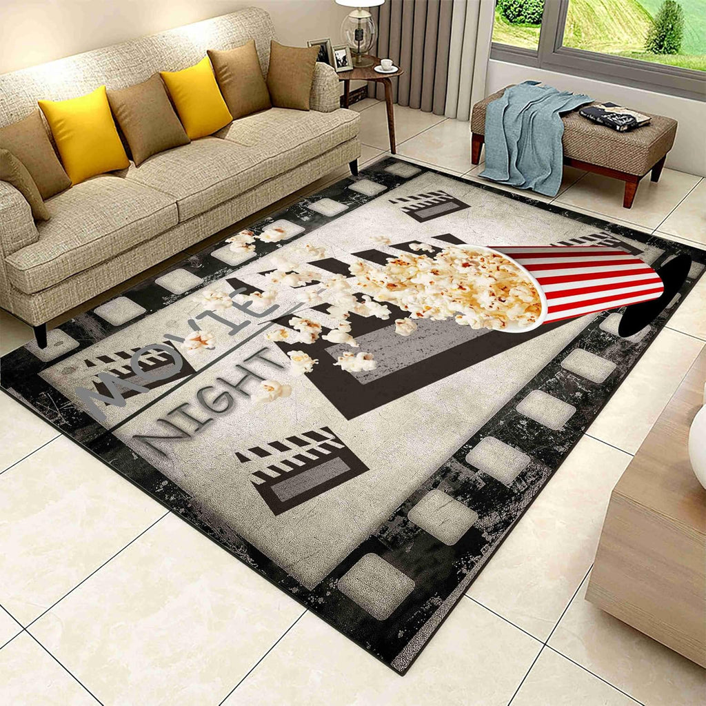 Retro Cinema Movie Area Rug,6x8ft,Filmstrrip and Popcorn Patterned Rug,Cinema Sign Non-Slip Carpet for Sofa Living Room Kitchen Play Mat Nursery Throw Rugs Yoga Mat…