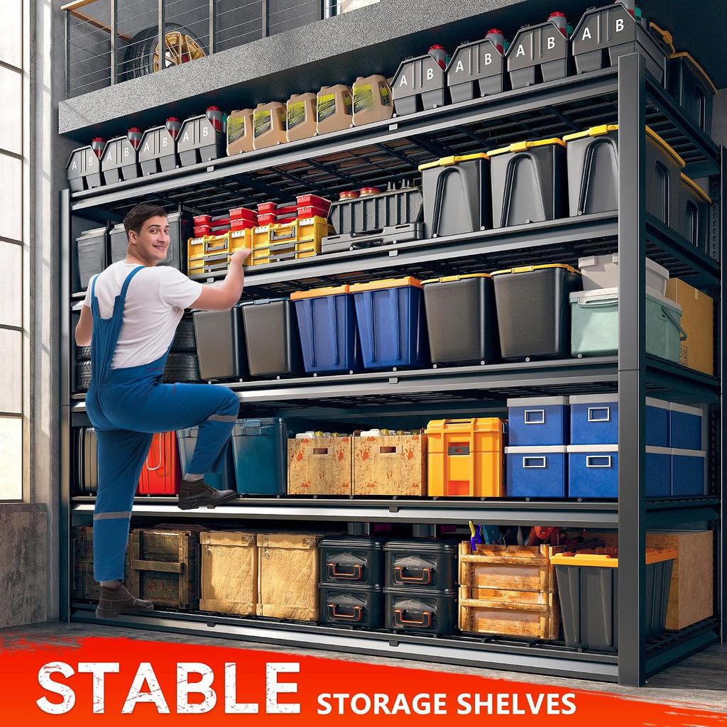 REIBII 60' W Heavy Duty Garage Shelving,3000LBS Storage Shelves Metal Shelving,Adjustable Shelves for ndustrial 5 Tier Garage Shelves for Shop Commercial Warehouse Basement Pantry60 W x 24' D x 72' H