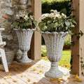 Plastic Urn Planters Set of 2, 23.6' Tall Pedestal Planter with Drainage Holes, Vintage Petal Garden Planter Urns for Front Porch, Large Plant Urns Outdoor & Indoor Flower Pots, Heather Gray