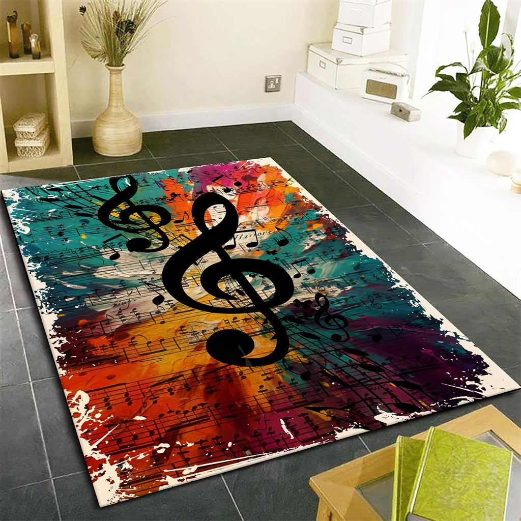 Retro Musical Note Rugs for Indoors, 6x8ft, Colorful Oil Painting Musical Score Melody Living Room Rugs, Low Pile Absorbent Washable High Traffic Carpets for Entrance Living Room