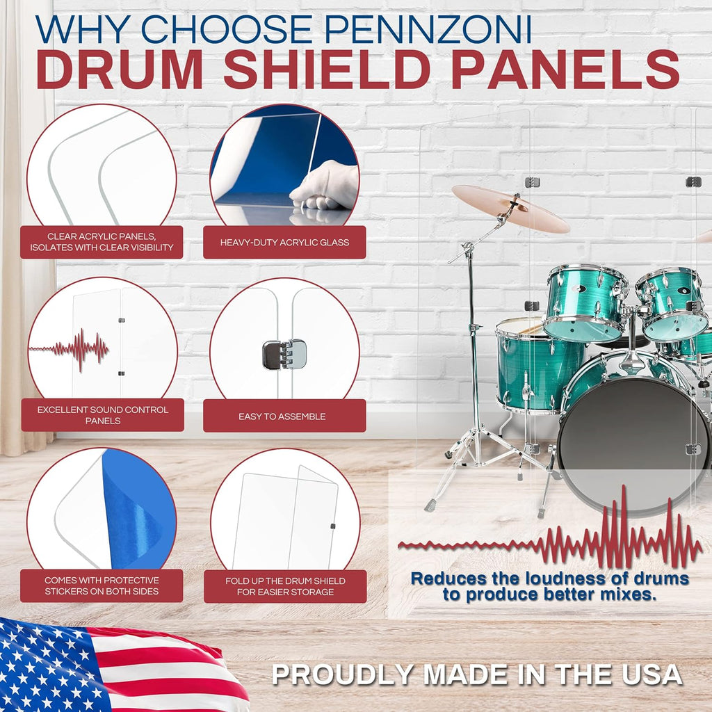 PENNZONI Drum Shield 6ft w/Chrome Hinges, Comes w/ 3 Drum Panels, & Chrome Hinges, Premium Clear Acrylic Panels, Drum Screen