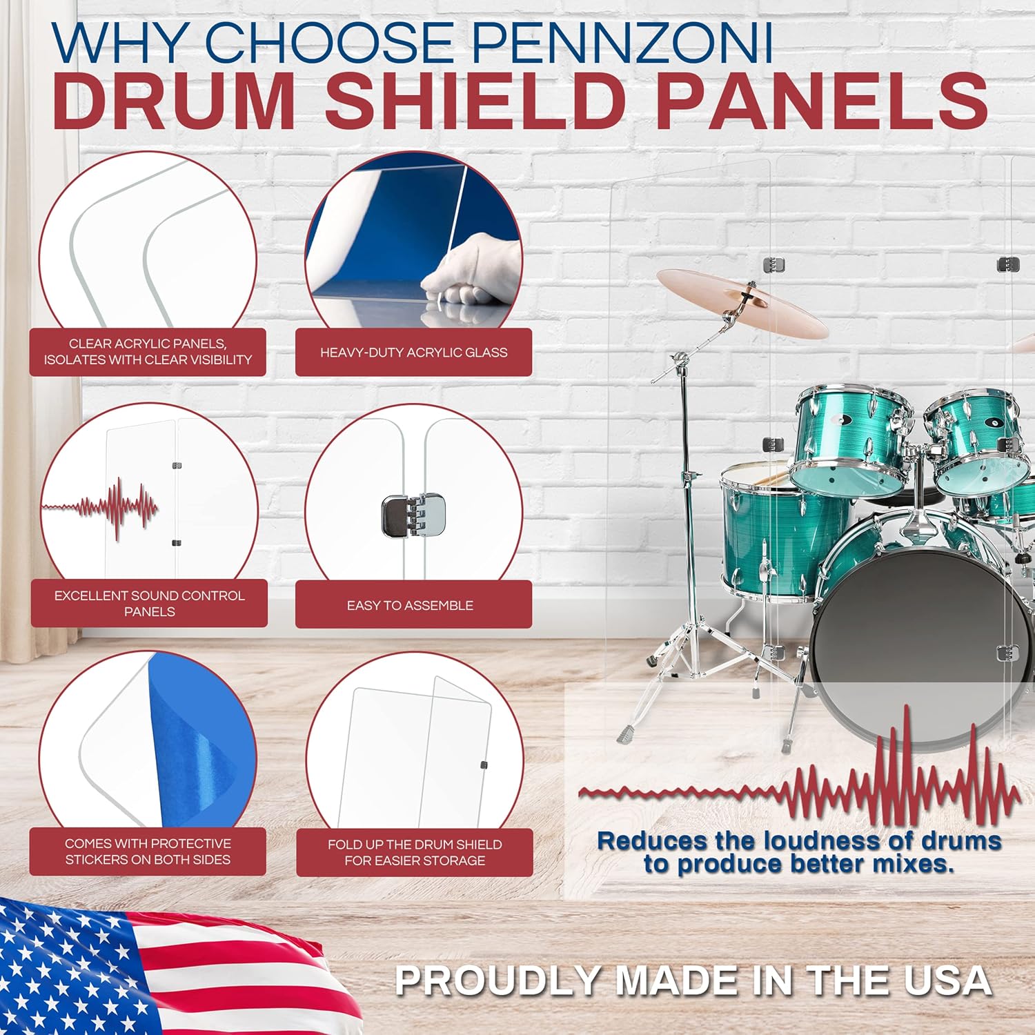 PENNZONI Drum Shield 6ft w/Chrome Hinges, Comes w/ 3 Drum Panels, & Chrome Hinges, Premium Clear Acrylic Panels, Drum Screen
