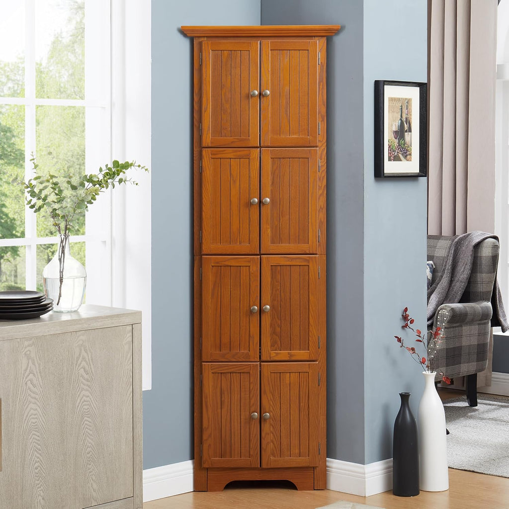 72' Sturdy Freestanding Storage Cabinet, Kitchen Storage Bakers Rack with Tiered Shelves, Utility Food Cupboard with Spacious Doors for Kitchen, Bathroom, Living Room, Oak