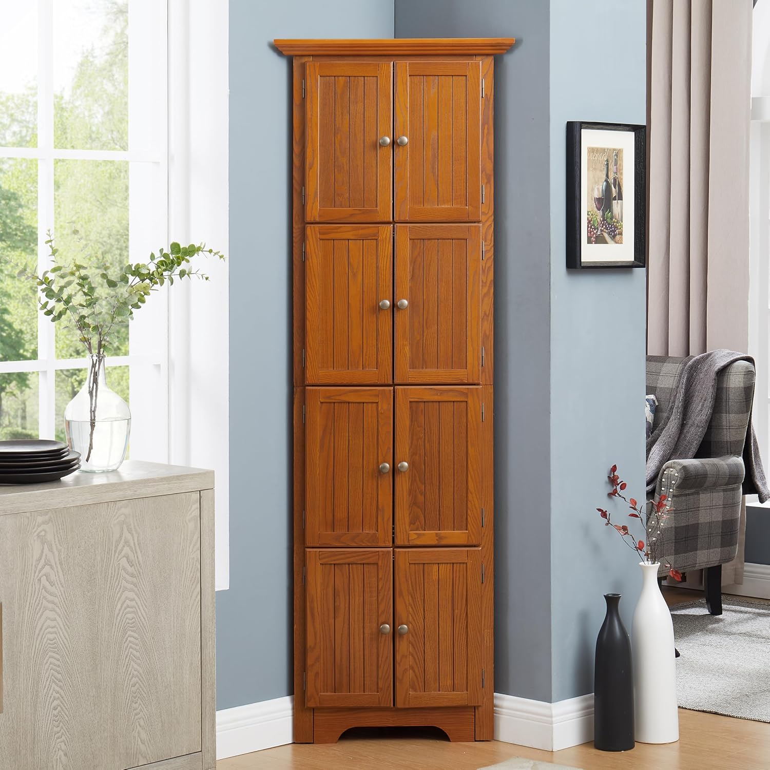 72' Sturdy Freestanding Storage Cabinet, Kitchen Storage Bakers Rack with Tiered Shelves, Utility Food Cupboard with Spacious Doors for Kitchen, Bathroom, Living Room, Oak