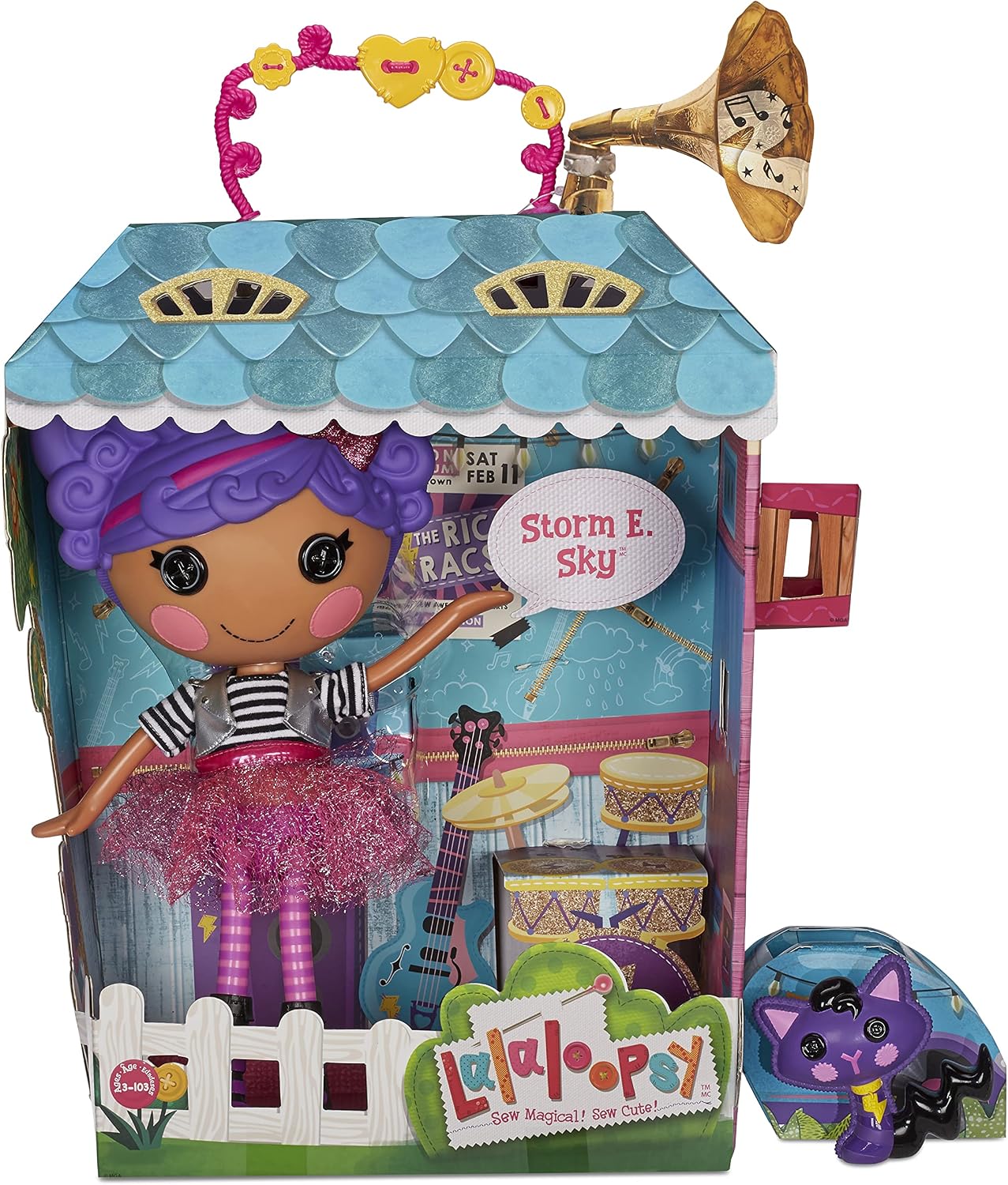 Lalaloopsy Doll- Storm E. Sky and Cool Cat, 13' Rocker Musician Doll with Purple Hair, Pink/Black Outfit & Accessories, Reusable House Playset- Gifts for Kids, Toys for Girls Ages 3 4 5+ to 103 Years