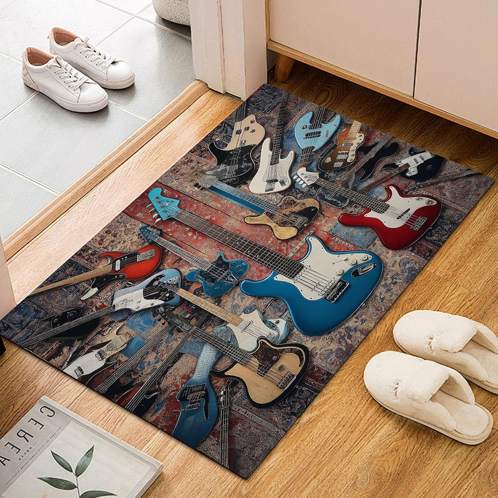 Guitar Art Motif Washable Area Carpet 5x6ft Abstract Color Blocks Living Room Rugs Non-Slip Rugs Navy Blue Bedroom Rug Decorative Carpet, for Dining Room Dormitory Washable Rug