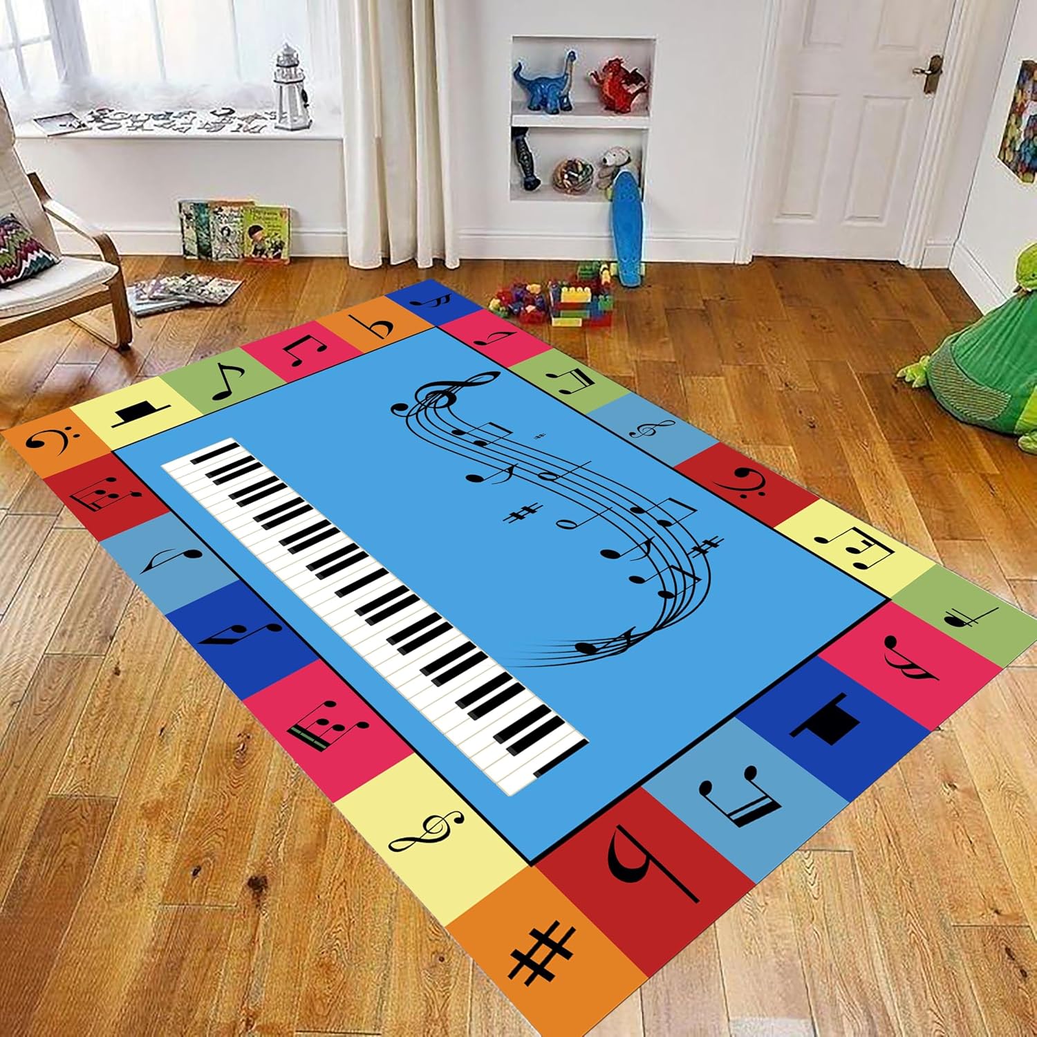 Kids Piano Learning Rug 6x8ft - Colorful Keyboard & Notes Washable Rug, Non-Slip Educational Mat for Kindergarten/Home/School - Music Education Floor Carpet