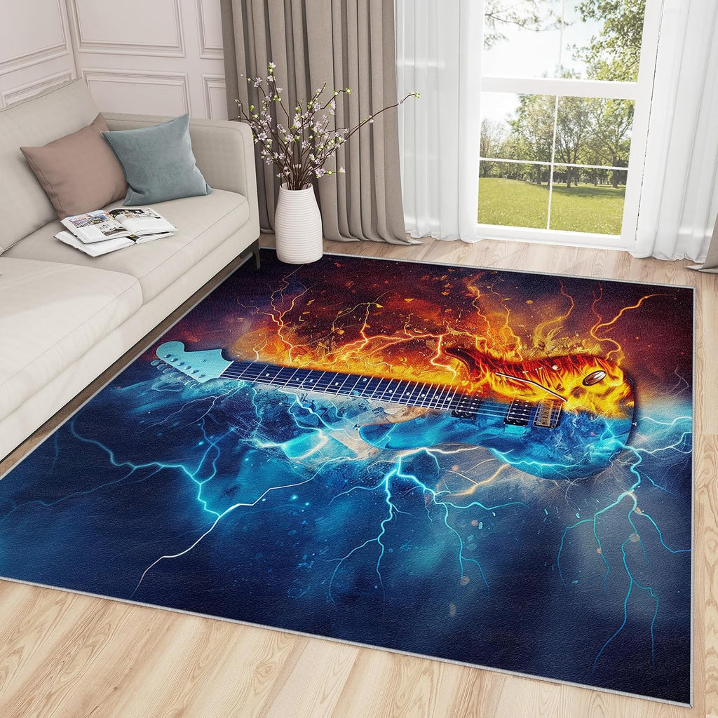 Guitar Rugs for Music Room - 6x9 Rug, Music Home Decor, Electric Guitars Washable Rugs for Living Room Bedroom, Boys Cool Musical Area Rug, Rock and Roll Carpet, Guitar Gifts for Men