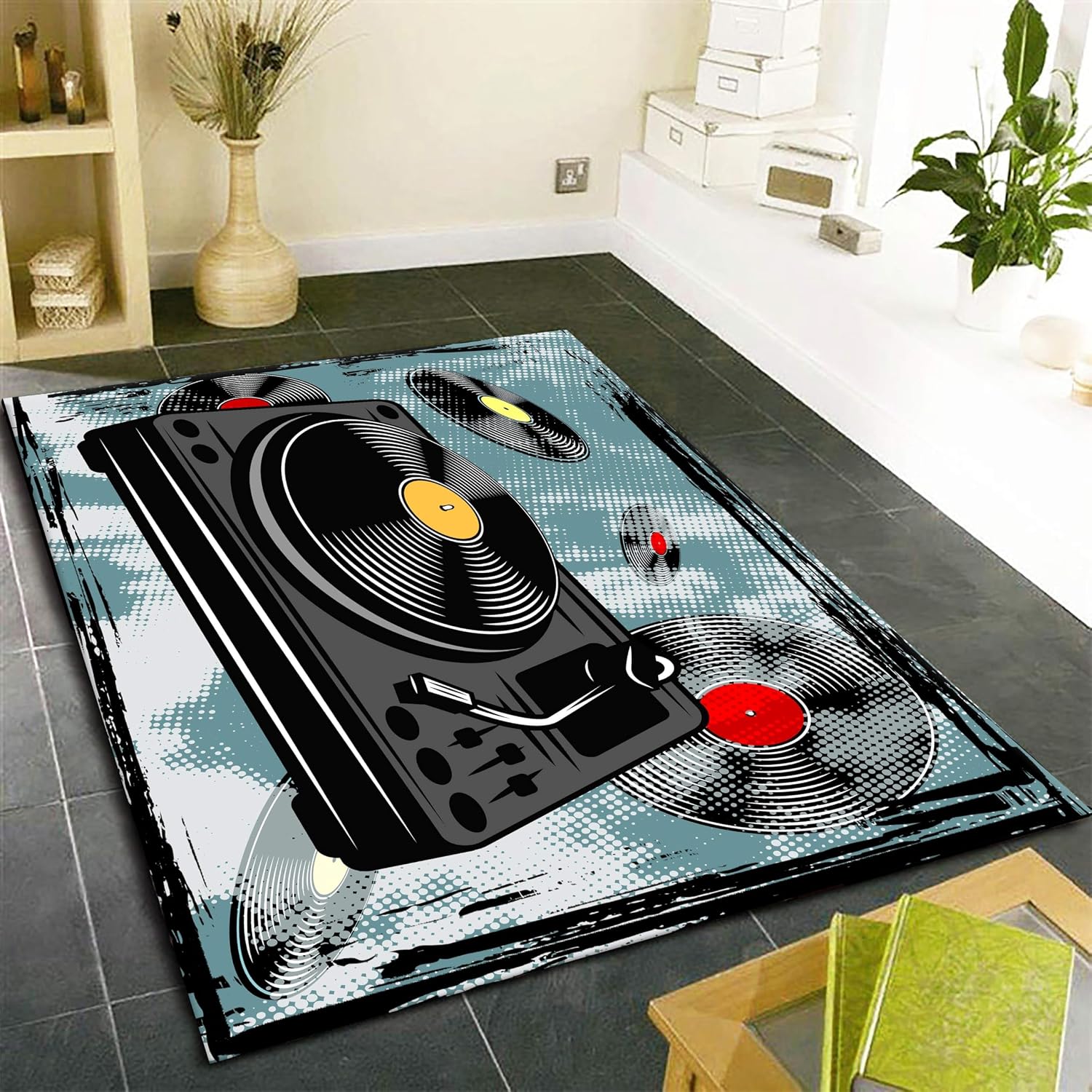 Music Record Player Area Rugs, 6x8ft, Retro Vinyl Record Floor Rug, 3D CD Player Rugs for Home Decoration, Machine Washable Breathable Foldable Carpet for Floor Entryway Office