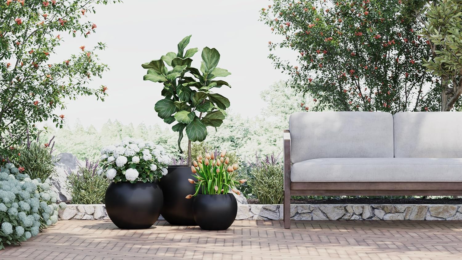 DTY Premium Mt Sherman Fiberstone Sphere Planter for Indoor Outdoor Use, Round Pot for Olive Tree, Lightweight, Smooth Finishes. 2 Extra Coco Mats. Black, Large 21.1'' D x 16.7'' H. 14.6' Pot Opening