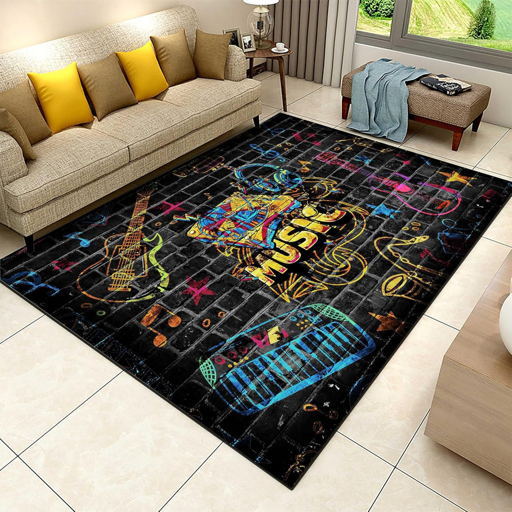 Musical Instruments Indoor Rugs, 6x8ft, Musical Note Guitar Headphone Graffiti Pattern Entryway Rugs, Absorbent Shed Resistant Reduce Noise Anti Slip Carpet for Kids Bedroom Family
