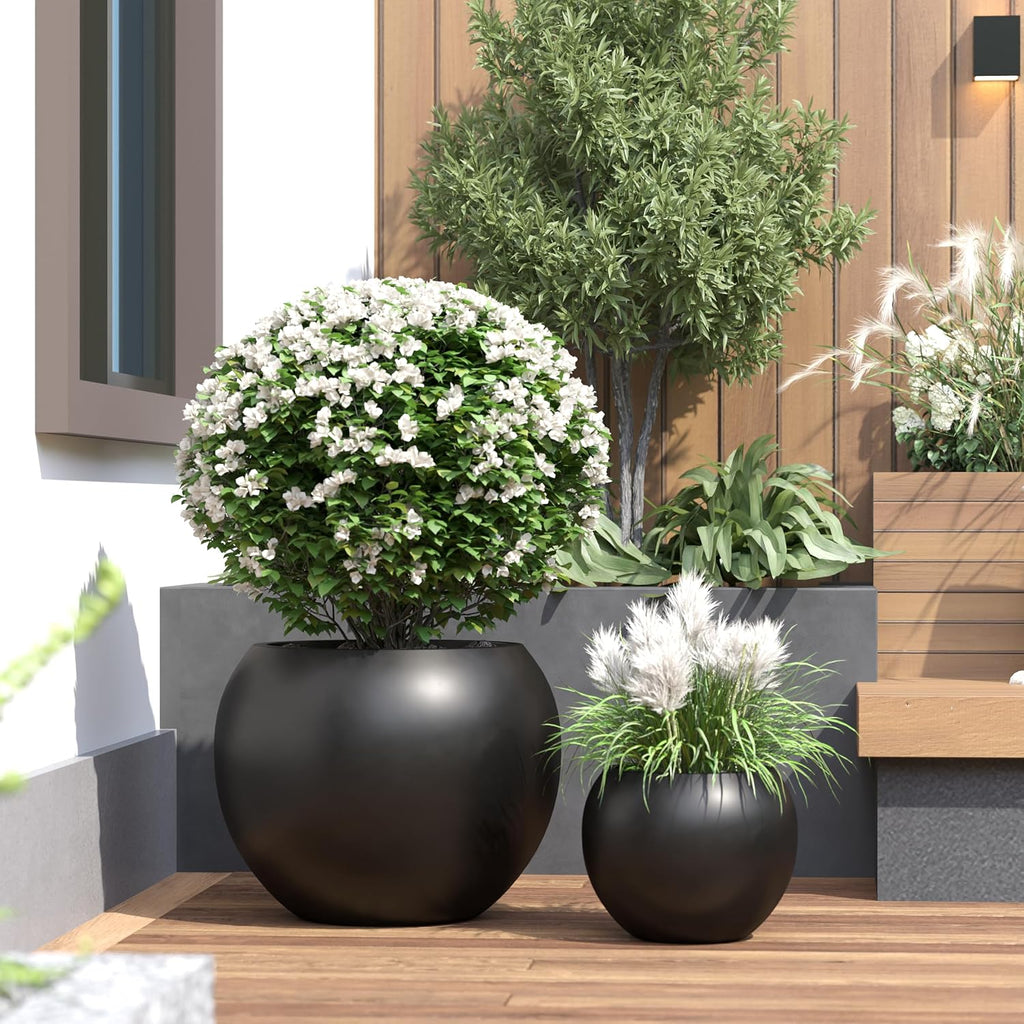 DTY Premium Mt Sherman Fiberstone Sphere Planter for Indoor Outdoor Use, Round Pot for Olive Tree, Lightweight, Smooth Finishes. 2 Extra Coco Mats. Black, Large 21.1'' D x 16.7'' H. 14.6' Pot Opening