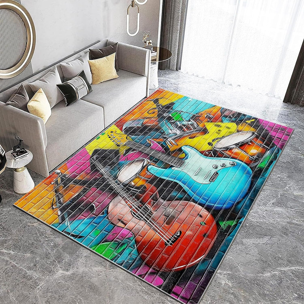Area Rugs for Living Room 6x9 ft Colorful Graffiti Guitar Washable Non-Slip Rug, Modern Low Pile Soft Indoor Print Carpet for Bedroom Dining Room Farmhouse Home Office