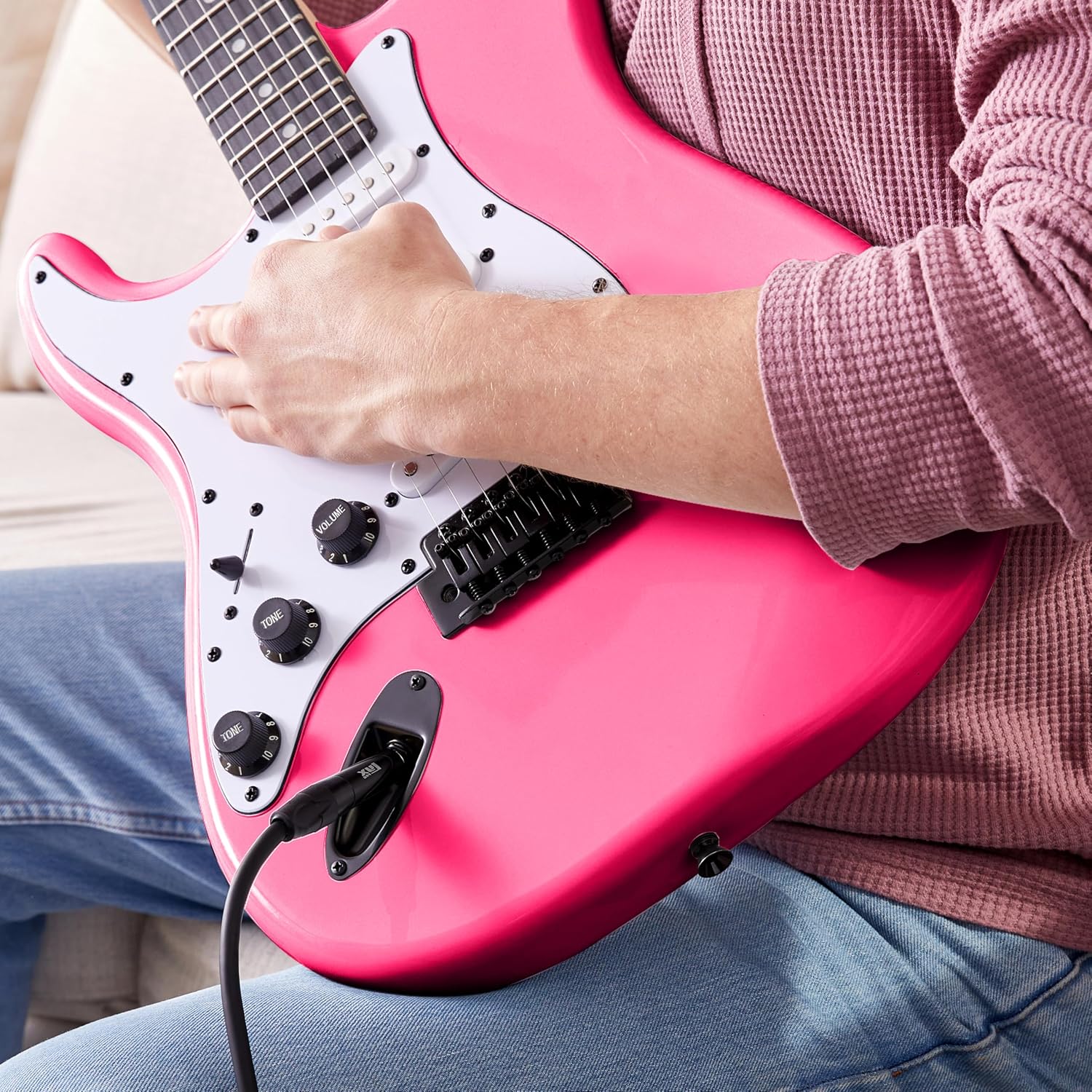 LyxPro Left Hand 39 Inch Electric Guitar and Starter Kit for Lefty Full Size Beginner's Guitar, Amp, Six Strings, Two Picks, Shoulder Strap, Digital Clip On Tuner, Cable and Soft Case - Pink