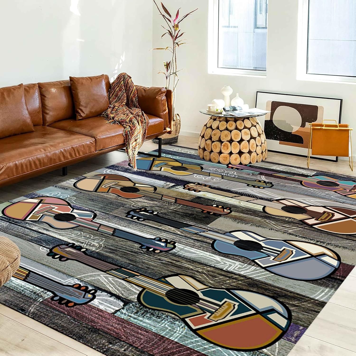 Guitar Rug for Living Room, 6x8ft, Colorful Stylish Guitar Instrument Non-Slip Washable Carpet, Wooden Board Graffiti Art Indoor Large Area Rug for Music Lover Bedroom Study Game Room Rugs