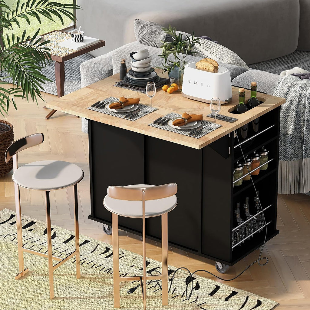 Merax 40' Width Kitchen Island with Storage, Rolling Kitchen Islands Cart with Power Outlet & Open Storage Shelves, Drop Leaf, Rubberwood Top, Lockable Wheels, Wine Rack, Towel Rack (Black)