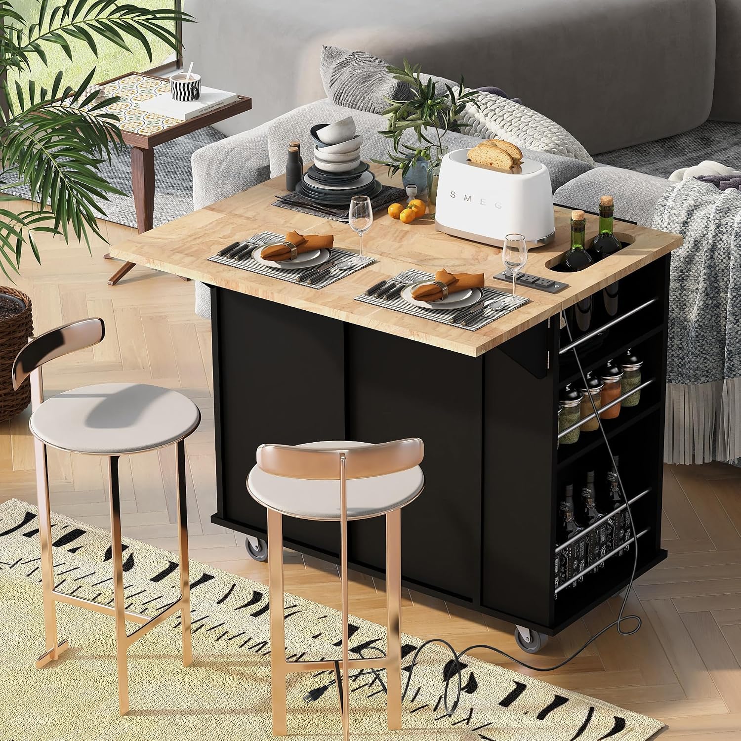 Merax 40' Width Kitchen Island with Storage, Rolling Kitchen Islands Cart with Power Outlet & Open Storage Shelves, Drop Leaf, Rubberwood Top, Lockable Wheels, Wine Rack, Towel Rack (Black)