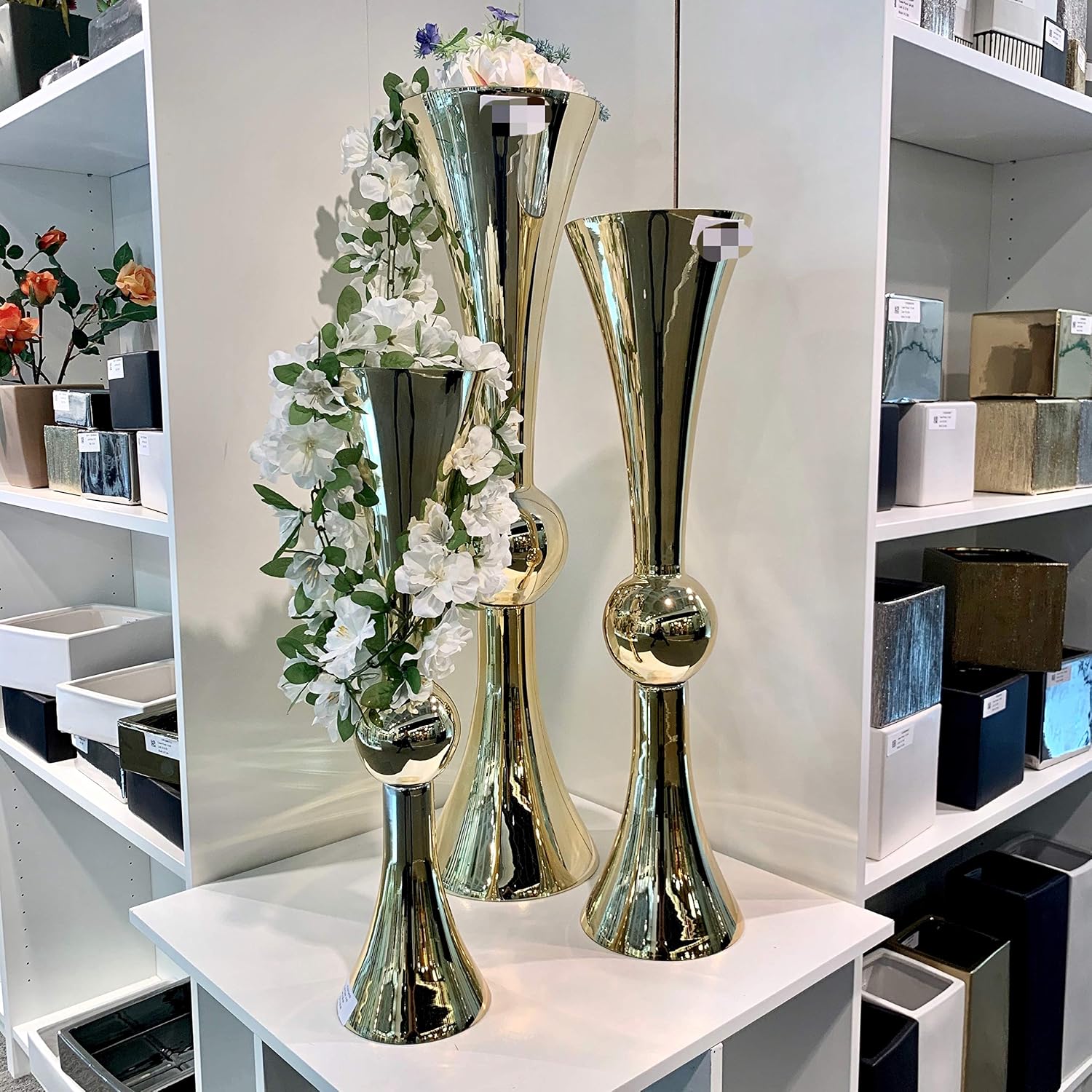 WGV Tall Trumpet Vase Bulk, Open 7.5', Height 30', Base 7.5', (Multiple Size/Color Choices) Gold Reversible Latour Floral Wedding Centerpiece Home Event Decor, 2 Pieces (VTV2130GD)
