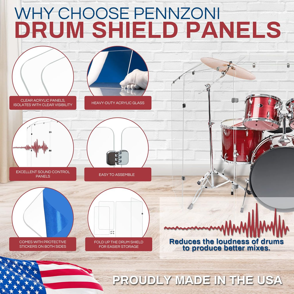 PENNZONI Drum Shield 4ft w/Deflectors & Chrome Hinges, Comes w/ 5 Drum Panels, 5 Deflectors, Chrome Hinges & Deflector Connectors, Premium Clear Acrylic Panels