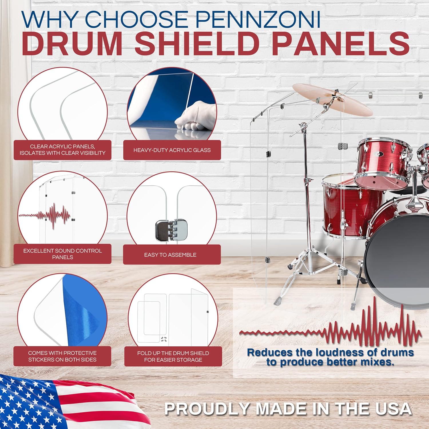 PENNZONI Drum Shield 4ft w/Deflectors & Chrome Hinges, Comes w/ 5 Drum Panels, 5 Deflectors, Chrome Hinges & Deflector Connectors, Premium Clear Acrylic Panels
