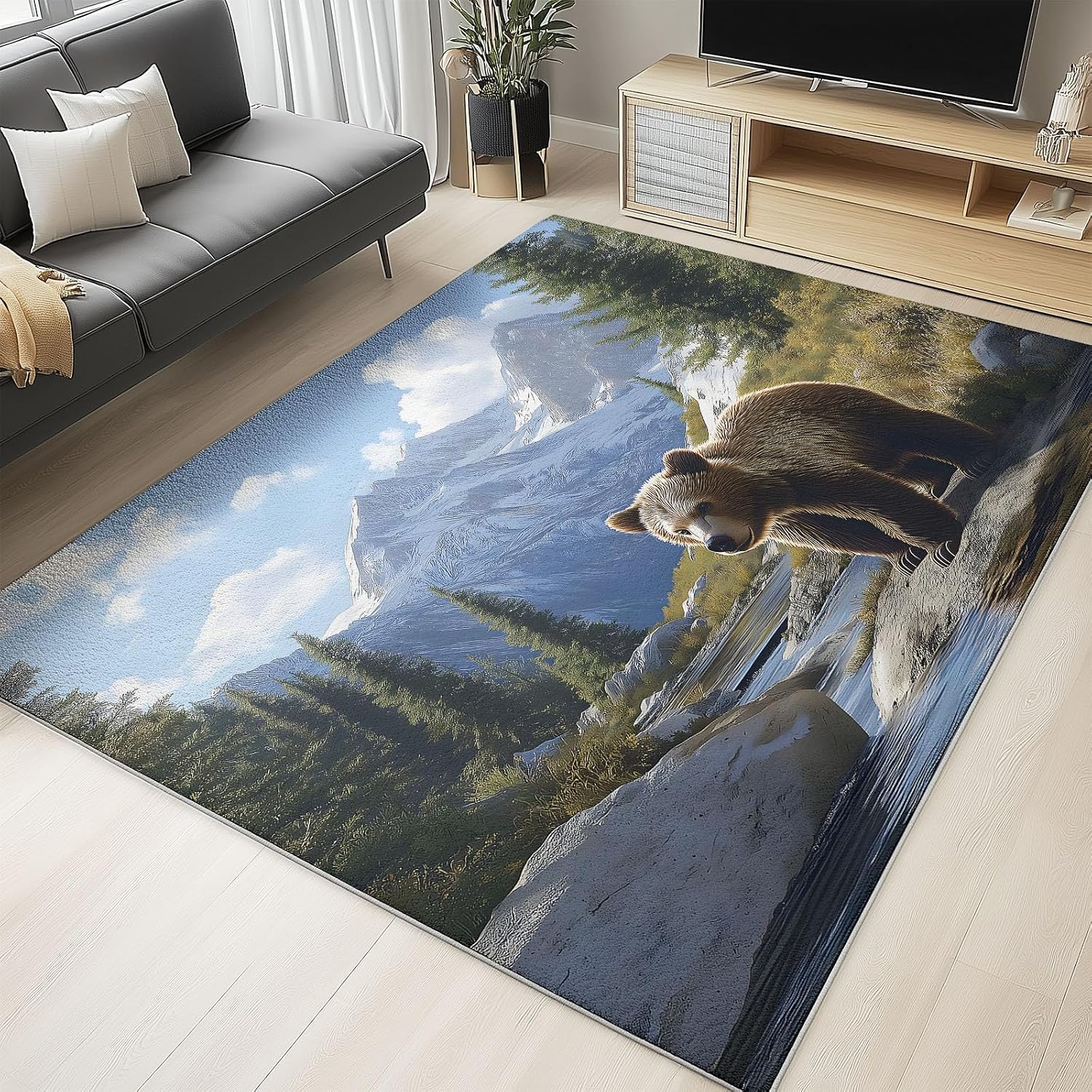 Throw Area Rugs Machine Washable, Living Room 6 x 8 ft Bedroom Anti-Slip Rug, Kitchen Laundry Room Hallway Porch for Home Decor, Low-Pile Soft Animal Brown Bear Cub Carpet Multicolor