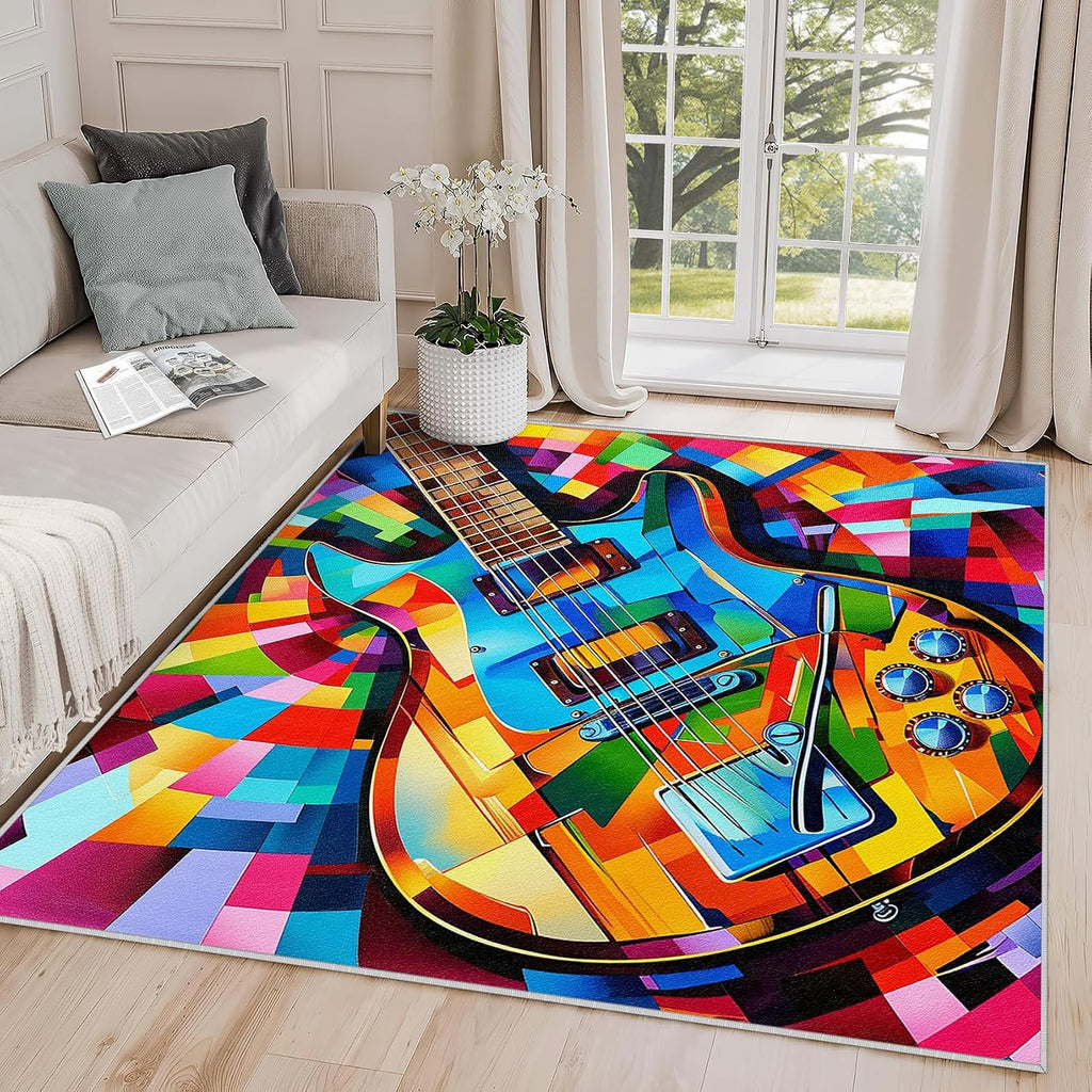 Guitar Rugs for Music Room - Guitar Rug, 6x8 Rug, Abstract Colorful Musical Area Rug, Multicolor Carpet, Washable & Non Slip & Soft Large Rugs, Guitar Home Decor Gifts