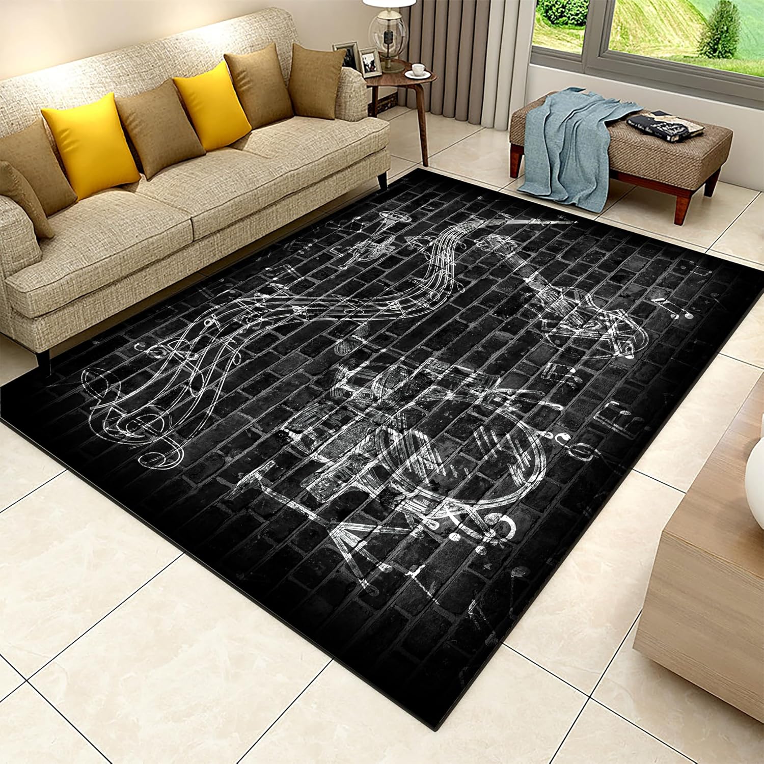 Drum Guitar Area Rug, 6x8ft, Music Playing Musical Note Melody Indoor Carpet, Anti-Skid Reduce Noise Kids Rugs, Printed Fade Resistant Rubber Backed Thin Rug for Nursery Entrance