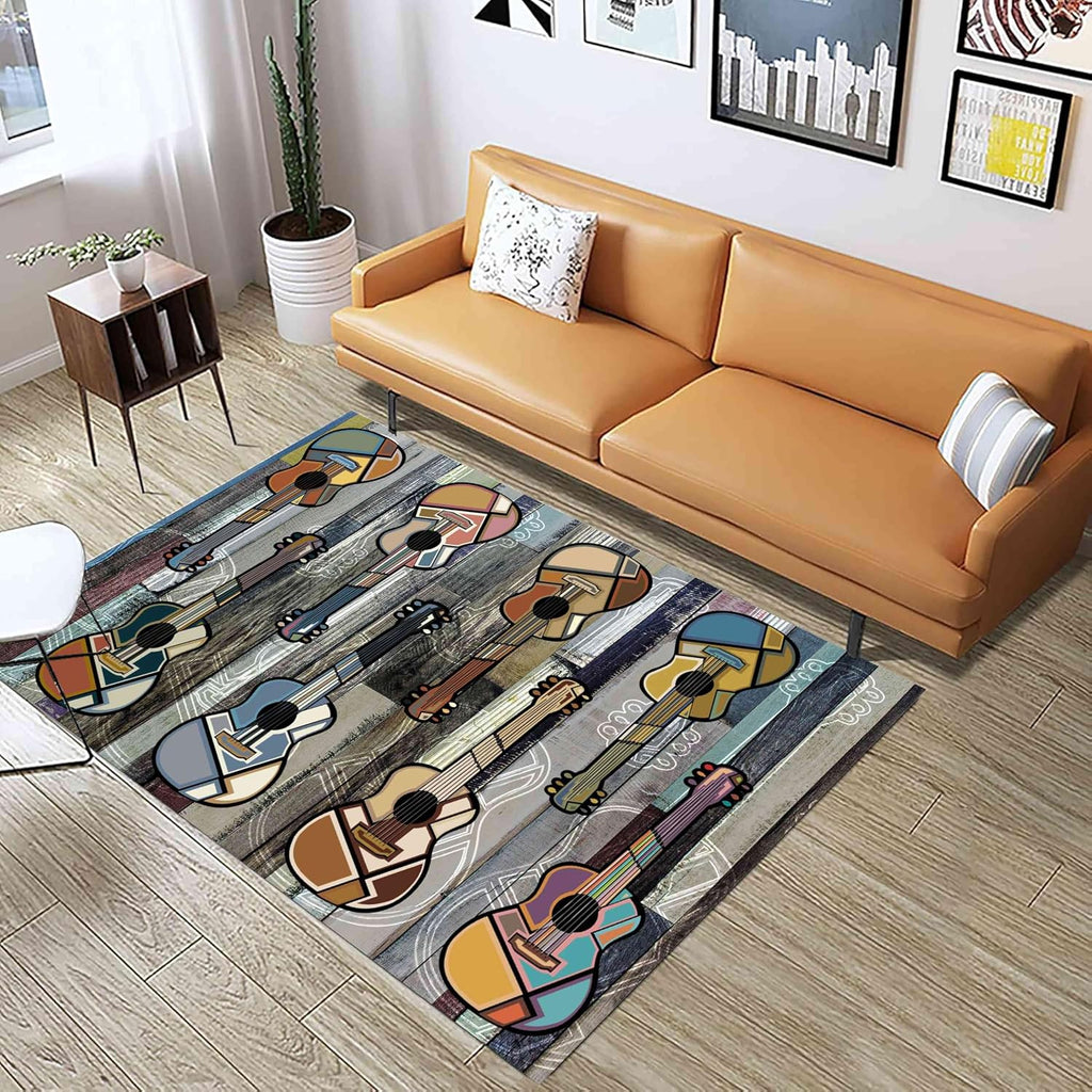 Guitar Rug for Living Room, 6x8ft, Colorful Stylish Guitar Instrument Non-Slip Washable Carpet, Wooden Board Graffiti Art Indoor Large Area Rug for Music Lover Bedroom Study Game Room Rugs