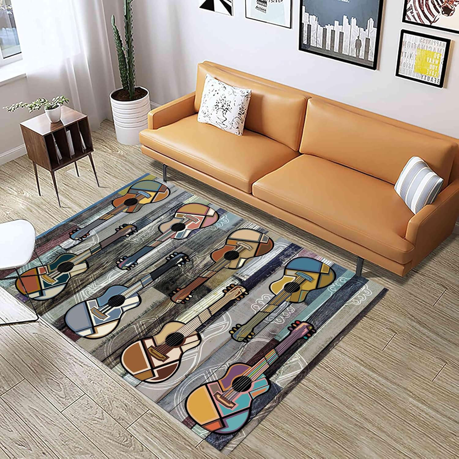Guitar Rug for Living Room, 6x8ft, Colorful Stylish Guitar Instrument Non-Slip Washable Carpet, Wooden Board Graffiti Art Indoor Large Area Rug for Music Lover Bedroom Study Game Room Rugs