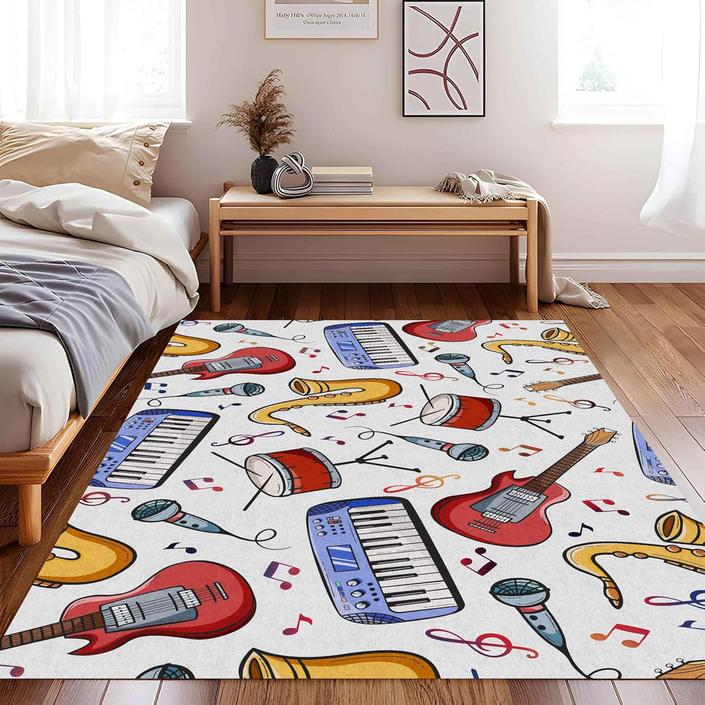 UNREASTO Children's Guitar Area Rug, 6x8ft, Cartoon Instrument Drum Microphone Saxophone Pattern Living Room Rug Mat, Music Note Non-Slip Washable Rugs for Playroom Bedroom Children's Room