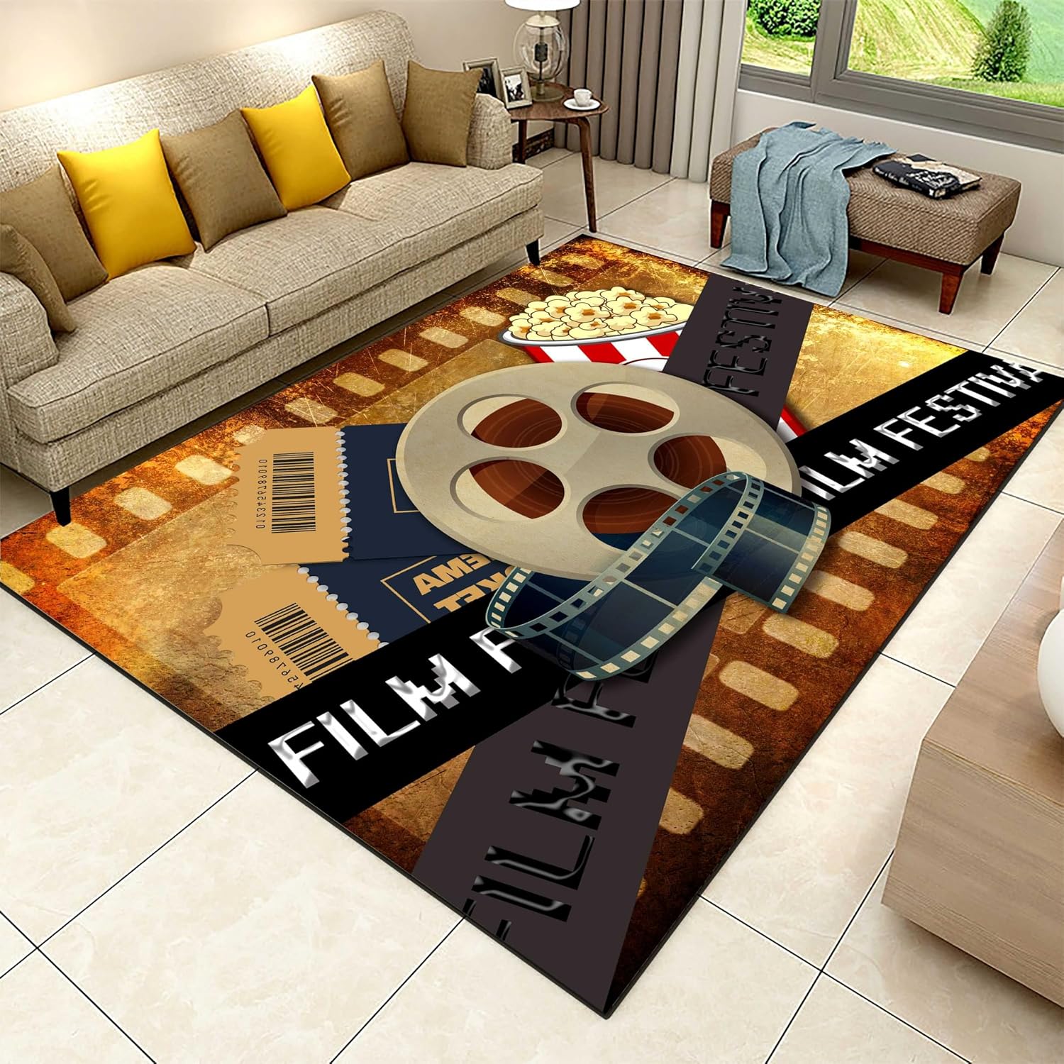 Vintage Movie Theater Area Rug, 6x8ft,Perfect For Home Theater Decor, Movie Night, Popcorn and Film Reel Design,Non-Slip Cinema Sign Floor Mat For Living Room, Bedroom, Kitchen,Country Cottage