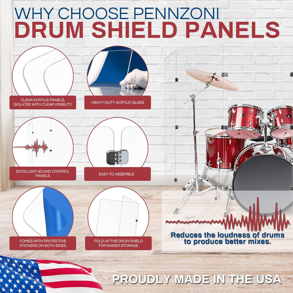PENNZONI Drum Shield 6ft w/Chrome Hinges, Comes w/ 4 Drum Panels, & 9 Chrome Hinges, Premium Clear Acrylic Panels, Drum Screen