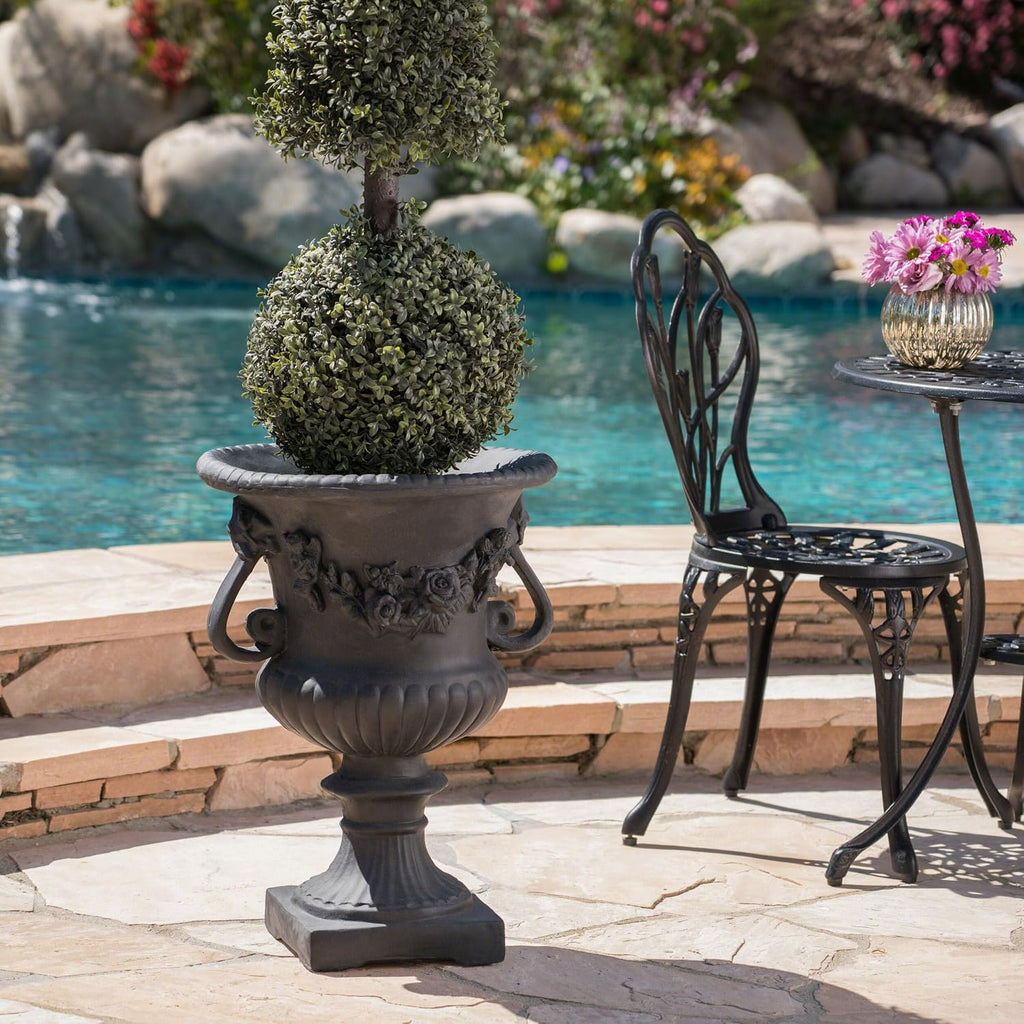 Antique Black Magnesium Oxide Urn Planter, Elegant Decorative Outdoor Garden Patio or Indoor Vase, Ready to Use, 17.3L x 17.3W x 24H Inches