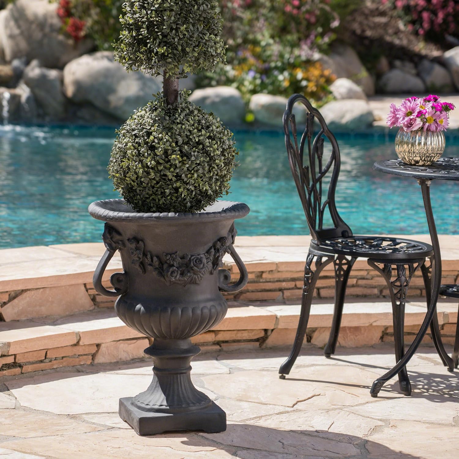 Antique Black Magnesium Oxide Urn Planter, Elegant Decorative Outdoor Garden Patio or Indoor Vase, Ready to Use, 17.3L x 17.3W x 24H Inches