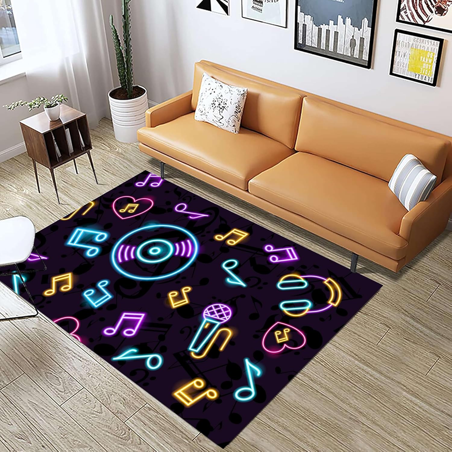UNREASTO Music Rug for Living Room, 6x8ft, Colorful Record Note Microphone Design Cool 3D Indoor Rug Mat, Non-Slip Machine Washable Rugs for Children Boy Girl Bedroom Music Room Decoration