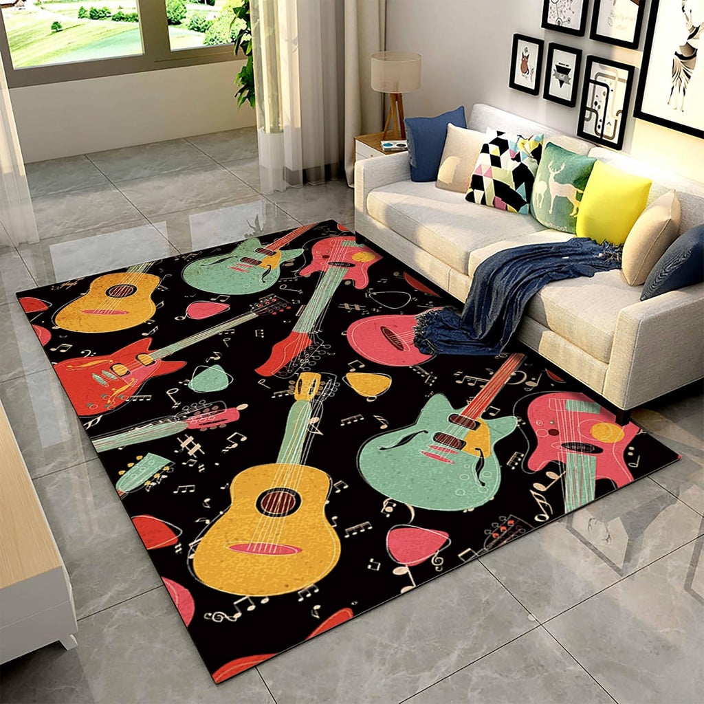 Colorful Music Guitar Area Rug, 6x8ft, Musical Note Guitar Pick Entrance Carpet, Soft Cozy Foldable No Crease Indoor Mats, with Non Slip Backing Low Pile Rugs for Living Room