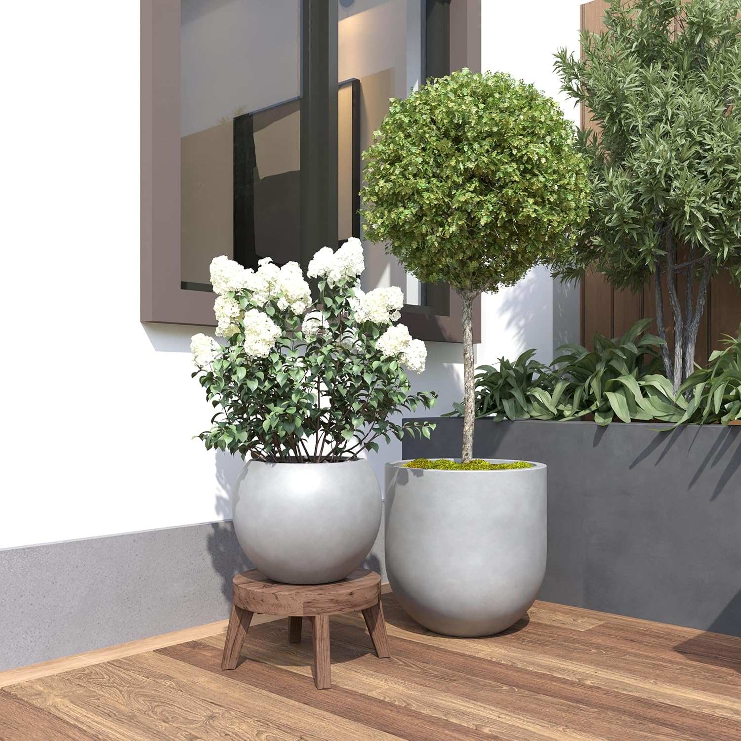 DTY Premium Mt Sherman Fiberstone Sphere Planter for Indoor Outdoor Use, Round Pot for Olive Tree, Lightweight, Smooth Finishes. 2 Extra Coco Mats. Gray, Large 21.1'' D x 16.7'' H. 14.6' Pot Opening