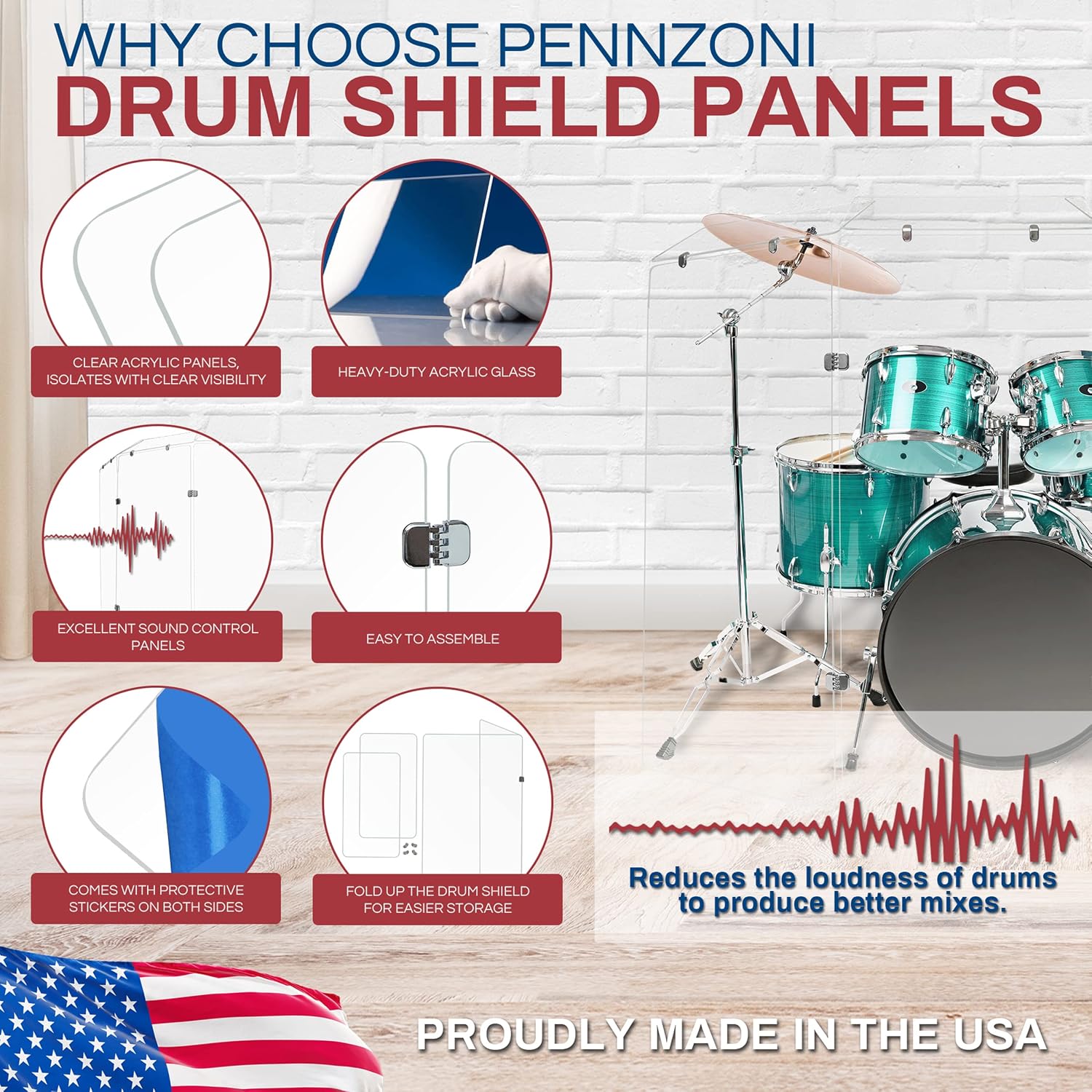 PENNZONI Drum Shield 4ft w/Deflectors & Chrome Hinges, Comes w/ 3 Drum Panels, 3 Deflectors, Chrome Hinges & Deflector Connectors, Premium Clear Acrylic Panels