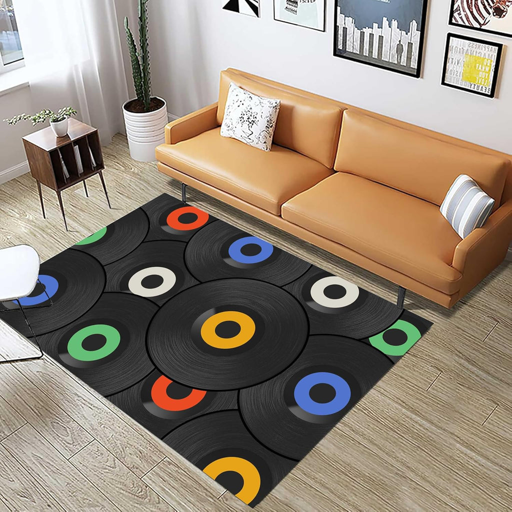 UNREASTO Music Record Area Rug, 6x8ft, Modern Classic Music Vinyl Record Black Rugs for Music Lovers Home Decoration, Non-Slip Washable Rug for Living Room Bedroom Dining Room Music Room Floor Mat